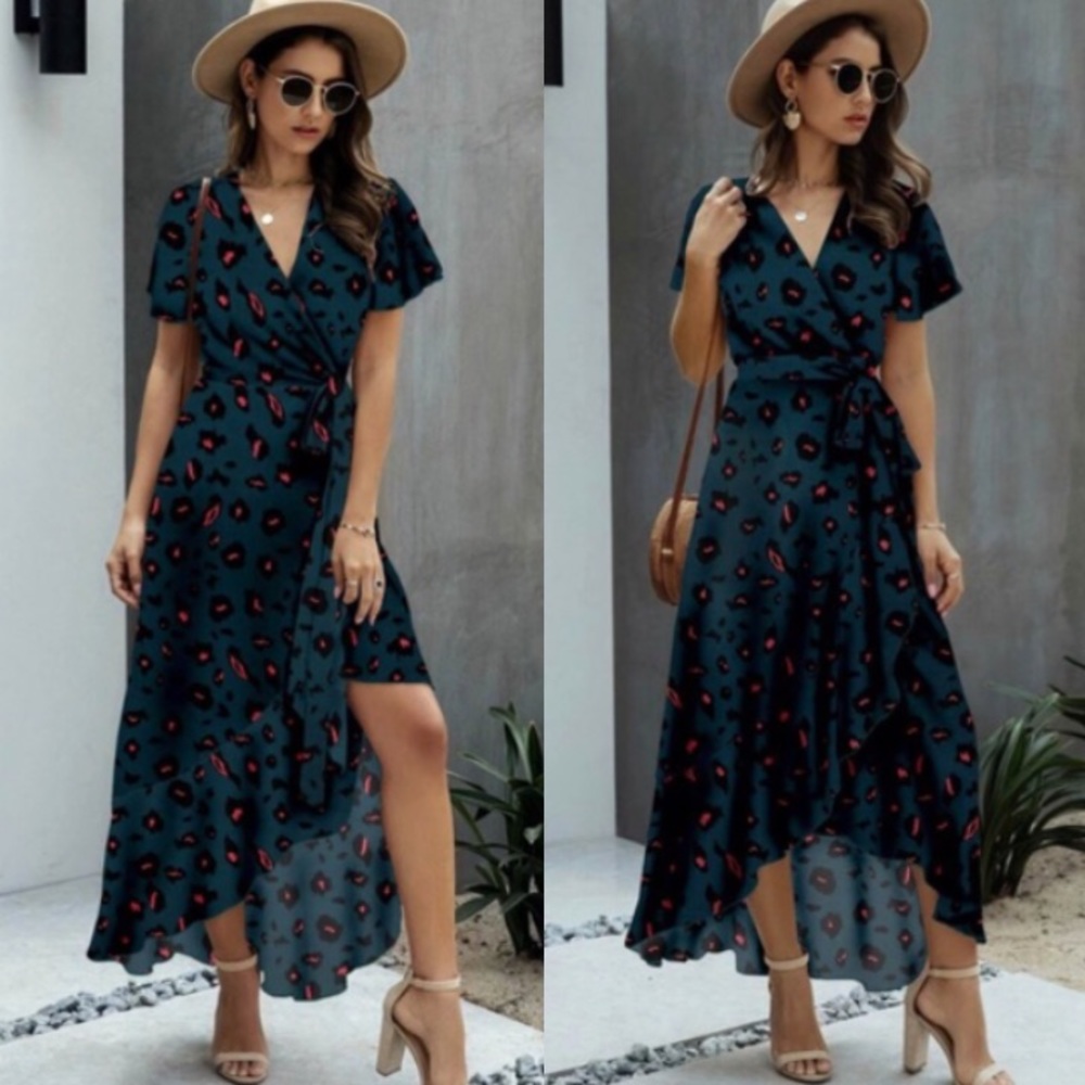 boho dark green leopard print wrap ruffle hem A line dress